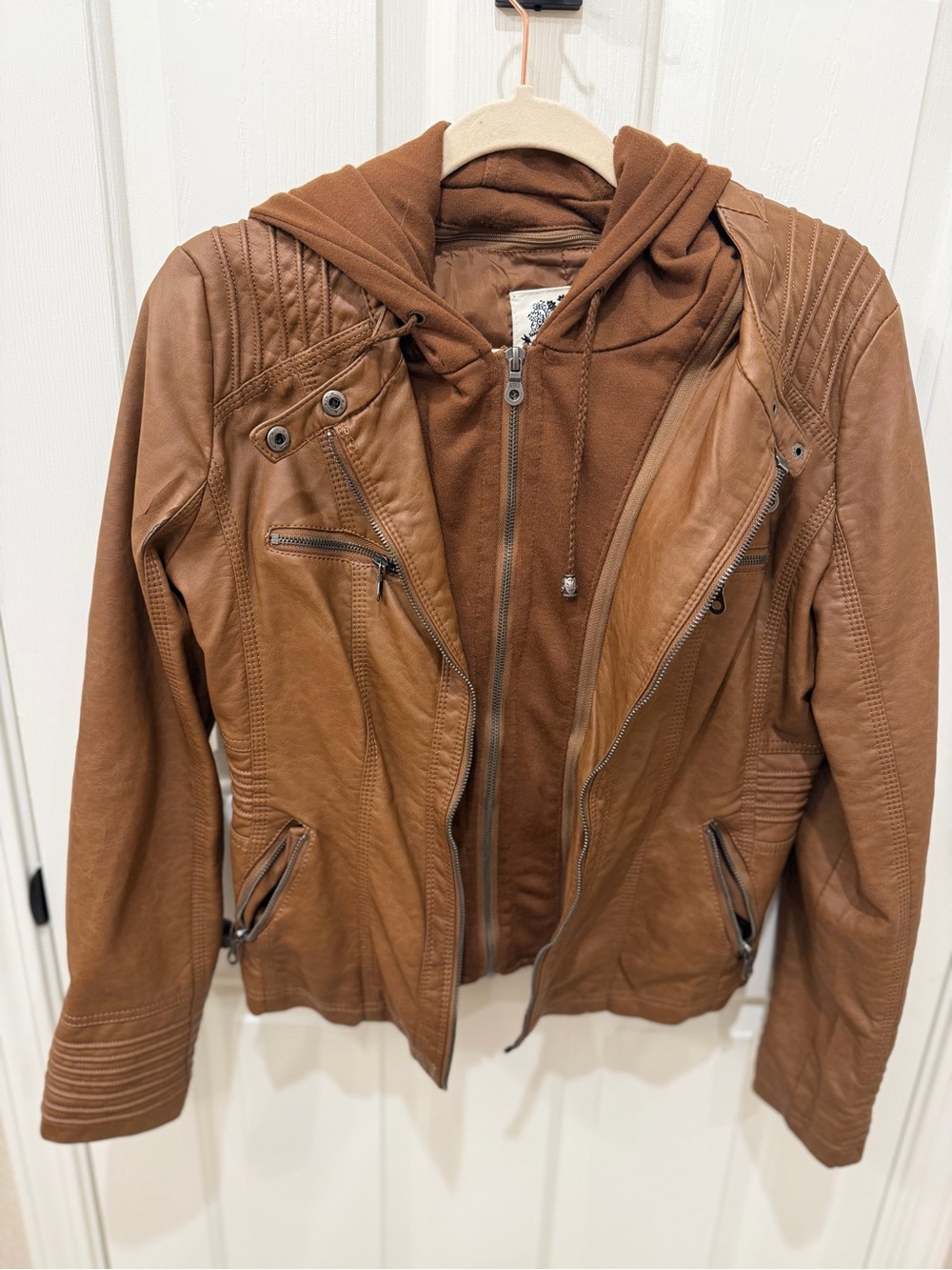 By Johnny Chestnut Brown Faux Leather Hooded Moto Jacket